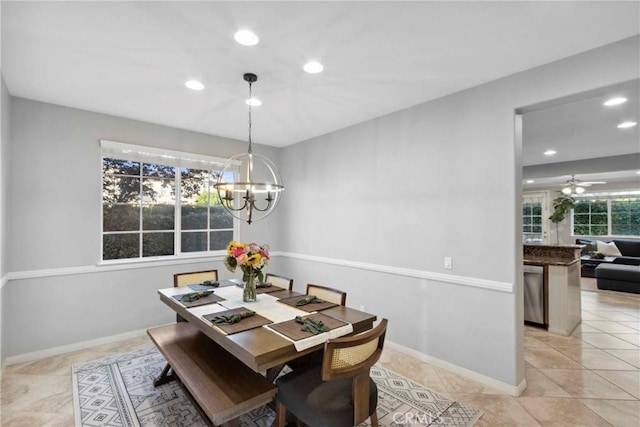 45614 Hawk Ct, Temecula, CA 92592 - dining area featuring a chandelier, recessed lighting, light tile patterned floors, a ceiling fan, and baseboards