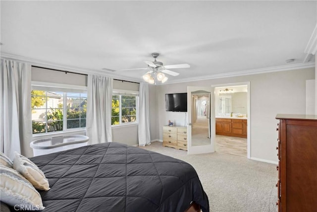 45614 Hawk Ct, Temecula, CA 92592 - bedroom with ornamental molding, light carpet, baseboards, a ceiling fan, and connected bathroom