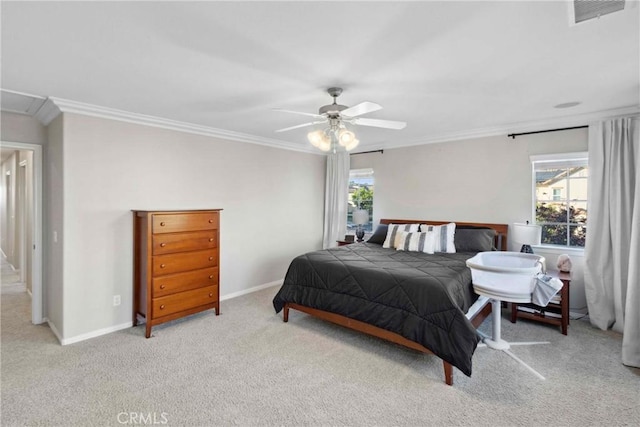 45614 Hawk Ct, Temecula, CA 92592 - bedroom with ornamental molding, carpet floors, baseboards, and a ceiling fan