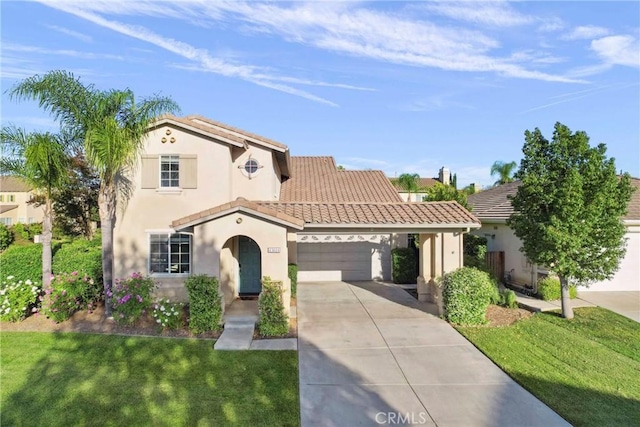 45614 Hawk Ct, Temecula, CA 92592 - mediterranean / spanish-style home with a garage, a tile roof, stucco siding, and driveway