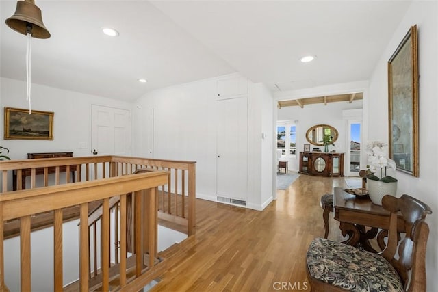 27 S La Senda Dr, Laguna Beach, CA 92651 - hall with an upstairs landing, wood finished floors, recessed lighting, baseboards, and beamed ceiling