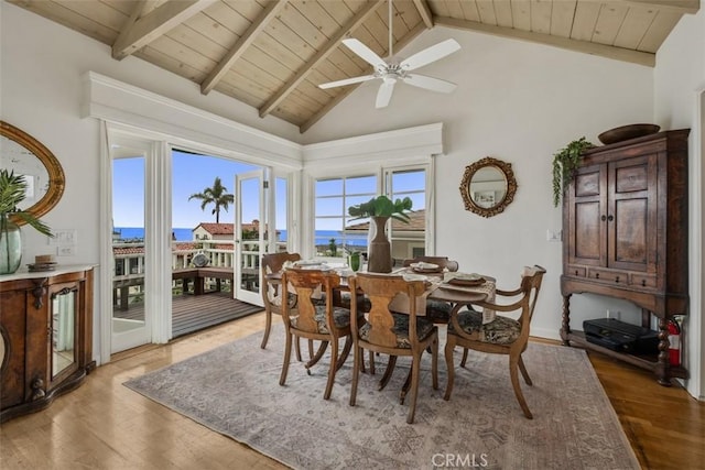 27 S La Senda Dr, Laguna Beach, CA 92651 - dining room featuring wood finished floors, wooden ceiling, a ceiling fan, and a water view