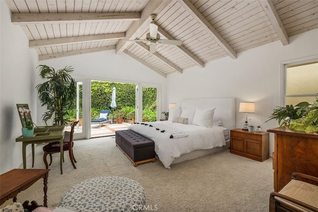 27 S La Senda Dr, Laguna Beach, CA 92651 - bedroom featuring wood ceiling, access to outside, light carpet, and ceiling fan