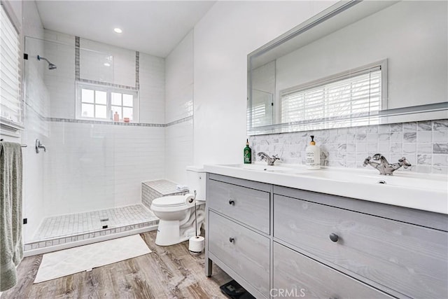 320 E Walnut Ave, El Segundo, CA 90245 - bathroom featuring toilet, a shower stall, double vanity, wood finished floors, and recessed lighting
