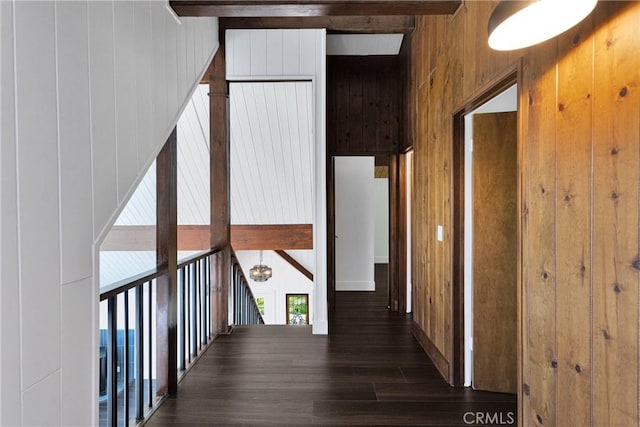 28720 Zion Dr, Lake Arrowhead, CA 92352 - hallway with wooden walls, wood finished floors, and beam ceiling