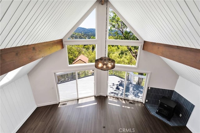 28720 Zion Dr, Lake Arrowhead, CA 92352 - unfurnished living room with high vaulted ceiling, wood finished floors, and beamed ceiling