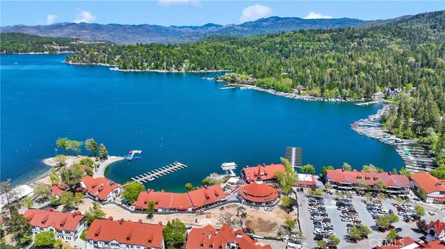 28720 Zion Dr, Lake Arrowhead, CA 92352 - drone / aerial view of a water and mountain view and a heavily wooded area