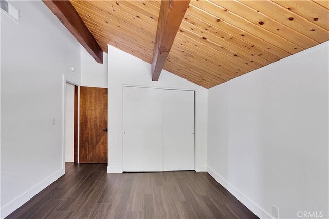 28720 Zion Dr, Lake Arrowhead, CA 92352 - unfurnished bedroom with wood finished floors, a closet, wooden ceiling, and baseboards
