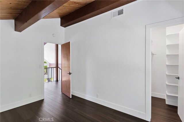 28720 Zion Dr, Lake Arrowhead, CA 92352 - spare room featuring wood ceiling, baseboards, and dark wood finished floors