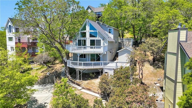 28720 Zion Dr, Lake Arrowhead, CA 92352 - rear view of house with a wooden deck and stairs