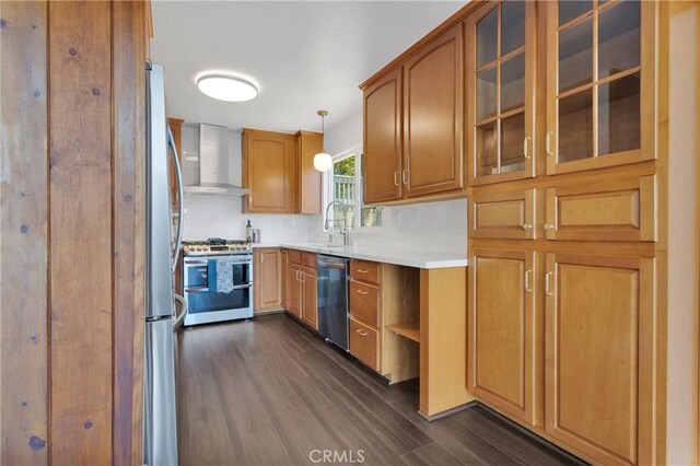 28720 Zion Dr, Lake Arrowhead, CA 92352 - kitchen featuring appliances with stainless steel finishes, wall chimney exhaust hood, dark wood-style flooring, and light countertops