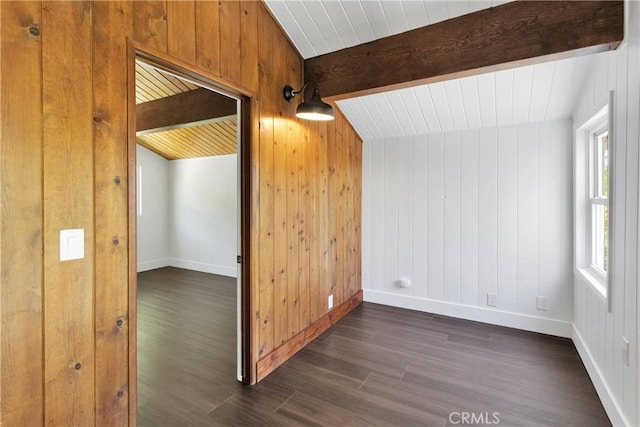 28720 Zion Dr, Lake Arrowhead, CA 92352 - bonus room featuring dark wood-type flooring, baseboards, wood walls, and wood ceiling with exposed beams