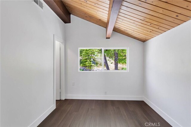 28720 Zion Dr, Lake Arrowhead, CA 92352 - empty room featuring wood ceiling, dark wood-type flooring, and baseboards