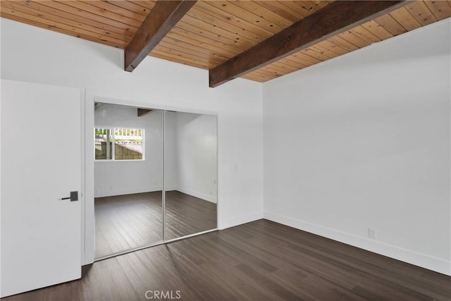 28720 Zion Dr, Lake Arrowhead, CA 92352 - unfurnished bedroom featuring a wooden ceiling with exposed beams, wood finished floors, and a closet