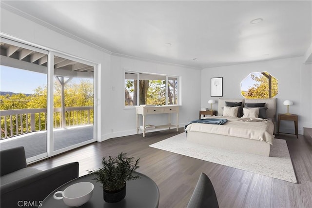 28720 Zion Dr, Lake Arrowhead, CA 92352 - bedroom with access to exterior, multiple windows, wood finished floors, and ornamental molding