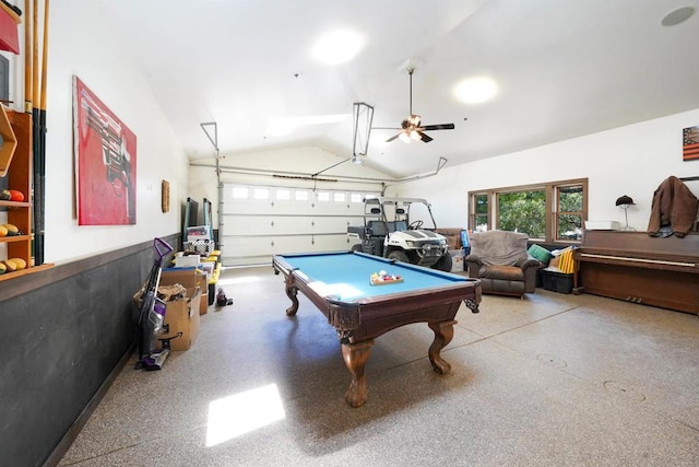 21057 Sutherland Dam Rd, Ramona, CA 92065 - playroom featuring pool table, lofted ceiling, a garage, and ceiling fan