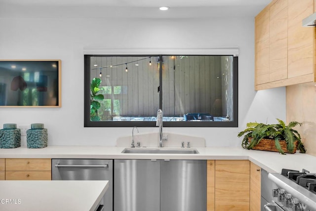 684 Orange Dr, Sierra Madre, CA 91024 - kitchen featuring a sink, light brown cabinets, range with gas stovetop, modern cabinets, and dishwasher