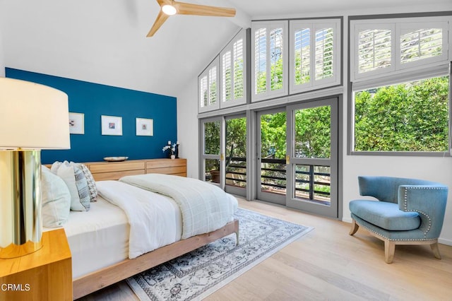 684 Orange Dr, Sierra Madre, CA 91024 - bedroom featuring high vaulted ceiling, wood finished floors, a ceiling fan, and beam ceiling