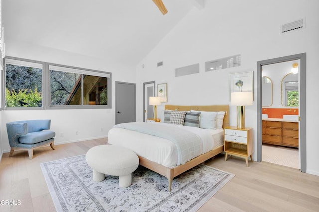 684 Orange Dr, Sierra Madre, CA 91024 - bedroom with high vaulted ceiling, light wood-type flooring, beamed ceiling, baseboards, and connected bathroom