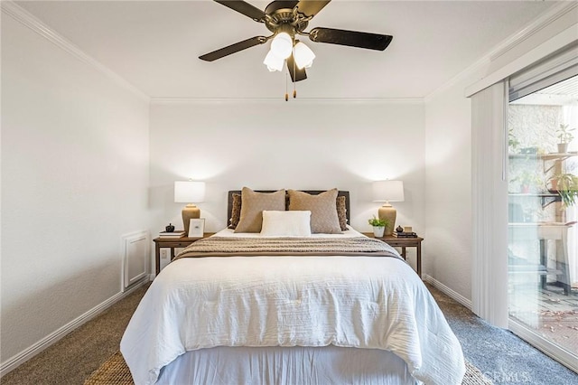 1125 Sheridan Ave Unit 68, Chico, CA 95926 - carpeted bedroom with baseboards, crown molding, access to outside, and ceiling fan