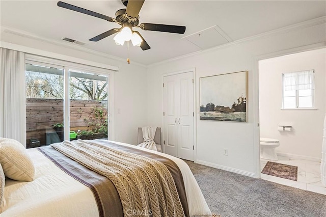 1125 Sheridan Ave Unit 68, Chico, CA 95926 - bedroom with access to outside, baseboards, attic access, ensuite bathroom, and ornamental molding