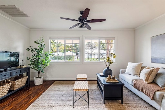 1125 Sheridan Ave Unit 68, Chico, CA 95926 - living area with wood finished floors, healthy amount of natural light, ornamental molding, ceiling fan, and baseboards
