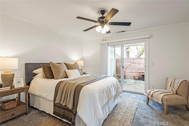 1125 Sheridan Ave Unit 68, Chico, CA 95926 - carpeted bedroom featuring access to exterior, ornamental molding, and ceiling fan