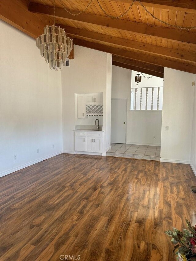 16485 Wintun Rd, Apple Valley, CA 92307 - unfurnished room featuring a chandelier, wood ceiling, dark wood-type flooring, a sink, and baseboards