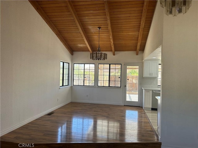 16485 Wintun Rd, Apple Valley, CA 92307 - unfurnished dining area featuring a chandelier, wood finished floors, wooden ceiling, and baseboards