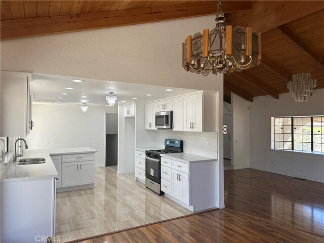16485 Wintun Rd, Apple Valley, CA 92307 - kitchen with appliances with stainless steel finishes, a sink, a chandelier, wood ceiling, and light wood-style flooring