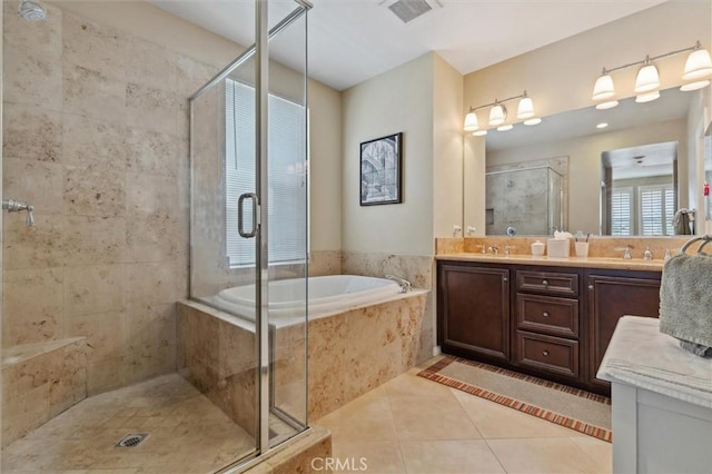 45 Brownstone Way, Aliso Viejo, CA 92656 - bathroom with a shower stall, tile patterned flooring, a bath, and double vanity