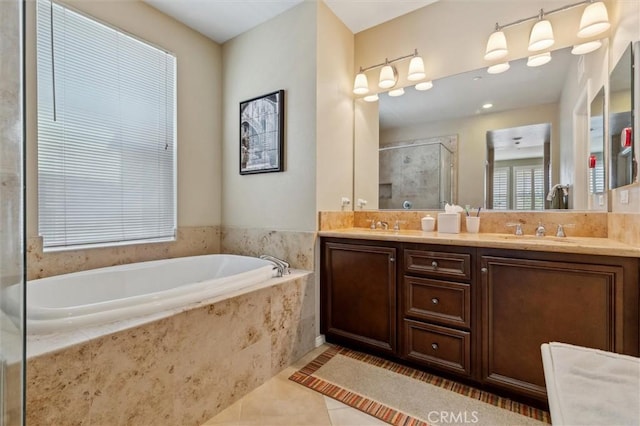 45 Brownstone Way, Aliso Viejo, CA 92656 - bathroom featuring double vanity, a garden tub, a stall shower, and tile patterned floors