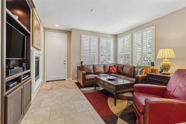 45 Brownstone Way, Aliso Viejo, CA 92656 - living room featuring recessed lighting, light tile patterned floors, and baseboards
