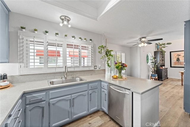 19431 Ranch Ln Unit 101, Huntington Beach, CA 92648 - kitchen featuring a sink, dishwasher, a peninsula, a ceiling fan, and light countertops