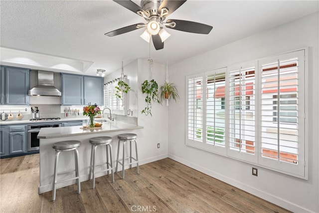 19431 Ranch Ln Unit 101, Huntington Beach, CA 92648 - kitchen featuring wall chimney range hood, stainless steel appliances, a sink, wood finished floors, and light countertops