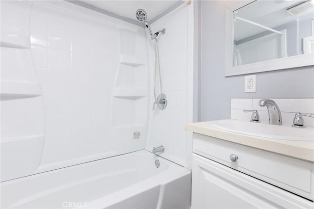 799 Fern Dr, Crestline, CA 92325 - full bath with vanity, shower / bath combination, and tasteful backsplash