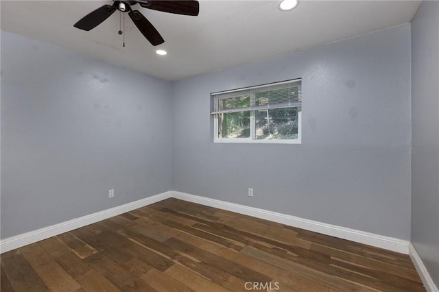 799 Fern Dr, Crestline, CA 92325 - empty room with dark wood-type flooring, baseboards, recessed lighting, and a ceiling fan