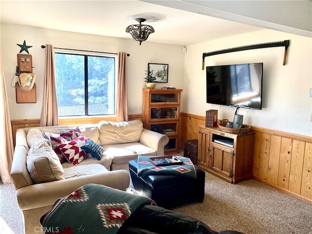 762 Esquimoux Dr, Green Valley Lake, CA 92341 - living area featuring carpet flooring, a wainscoted wall, and wooden walls