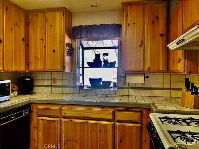 762 Esquimoux Dr, Green Valley Lake, CA 92341 - kitchen with black dishwasher, decorative backsplash, under cabinet range hood, and tile counters