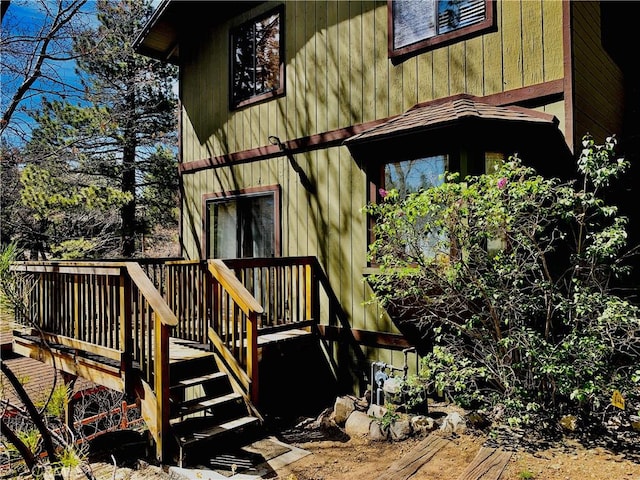 762 Esquimoux Dr, Green Valley Lake, CA 92341 - view of home's exterior with a wooden deck and stairway