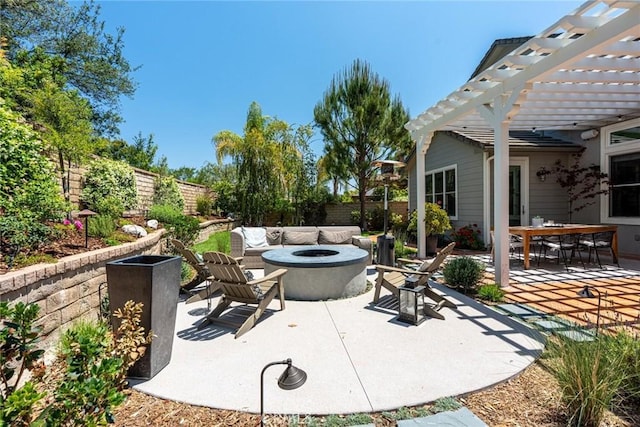 26941 Redwood Bluff Ln, Valencia, CA 91381 - fenced backyard featuring an outdoor fire pit, a pergola, a patio, and outdoor dining area