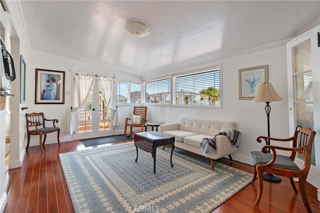 418 Tulare Ave, Morro Bay, CA 93442 - living area with french doors, baseboards, dark wood-style floors, and ornamental molding