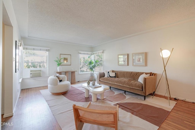 3349 Wood Ter, Los Angeles, CA 90027 - living room featuring a textured ceiling, light wood finished floors, baseboards, and a wall mounted air conditioner