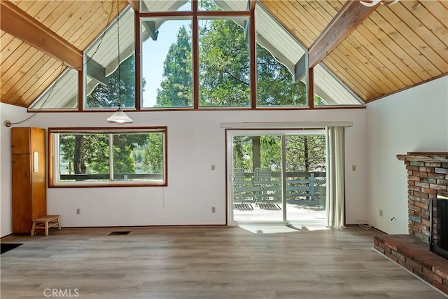 24141 Zell Ct, Crestline, CA 92325 - unfurnished living room with a fireplace, high vaulted ceiling, wood finished floors, and wooden ceiling with exposed beams