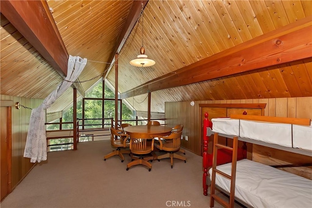 24141 Zell Ct, Crestline, CA 92325 - dining area featuring carpet flooring, wooden ceiling, and wood walls
