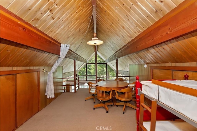24141 Zell Ct, Crestline, CA 92325 - interior space featuring wooden walls, carpet floors, and wood ceiling