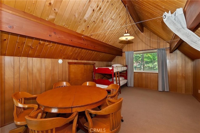 24141 Zell Ct, Crestline, CA 92325 - carpeted dining space featuring wood walls and wood ceiling