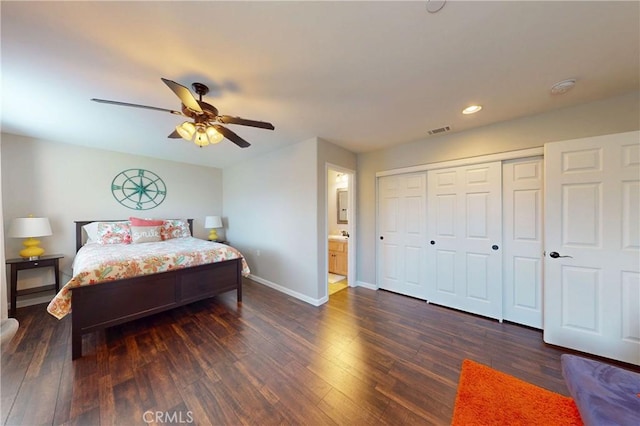 200 Cyclone St, Nipomo, CA 93444 - bedroom with dark wood-style floors, recessed lighting, baseboards, a ceiling fan, and ensuite bathroom