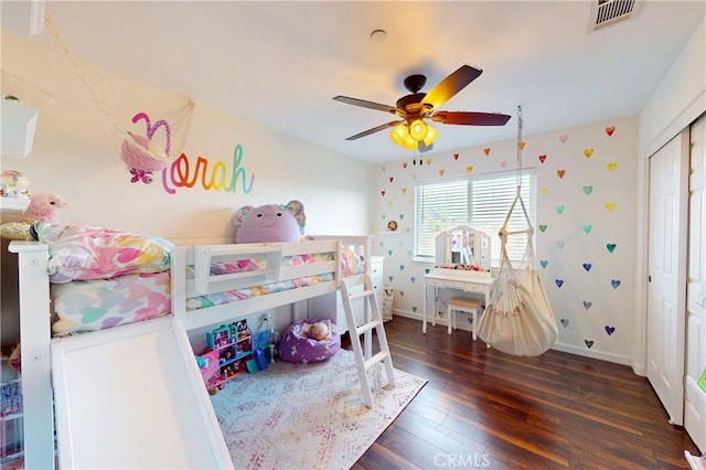 200 Cyclone St, Nipomo, CA 93444 - bedroom with wood finished floors, baseboards, a closet, ceiling fan, and wallpapered walls