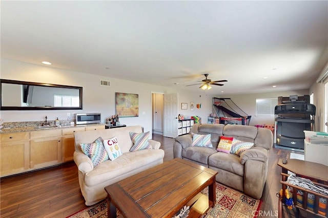 200 Cyclone St, Nipomo, CA 93444 - living room featuring dark wood-type flooring, recessed lighting, a ceiling fan, and plenty of natural light